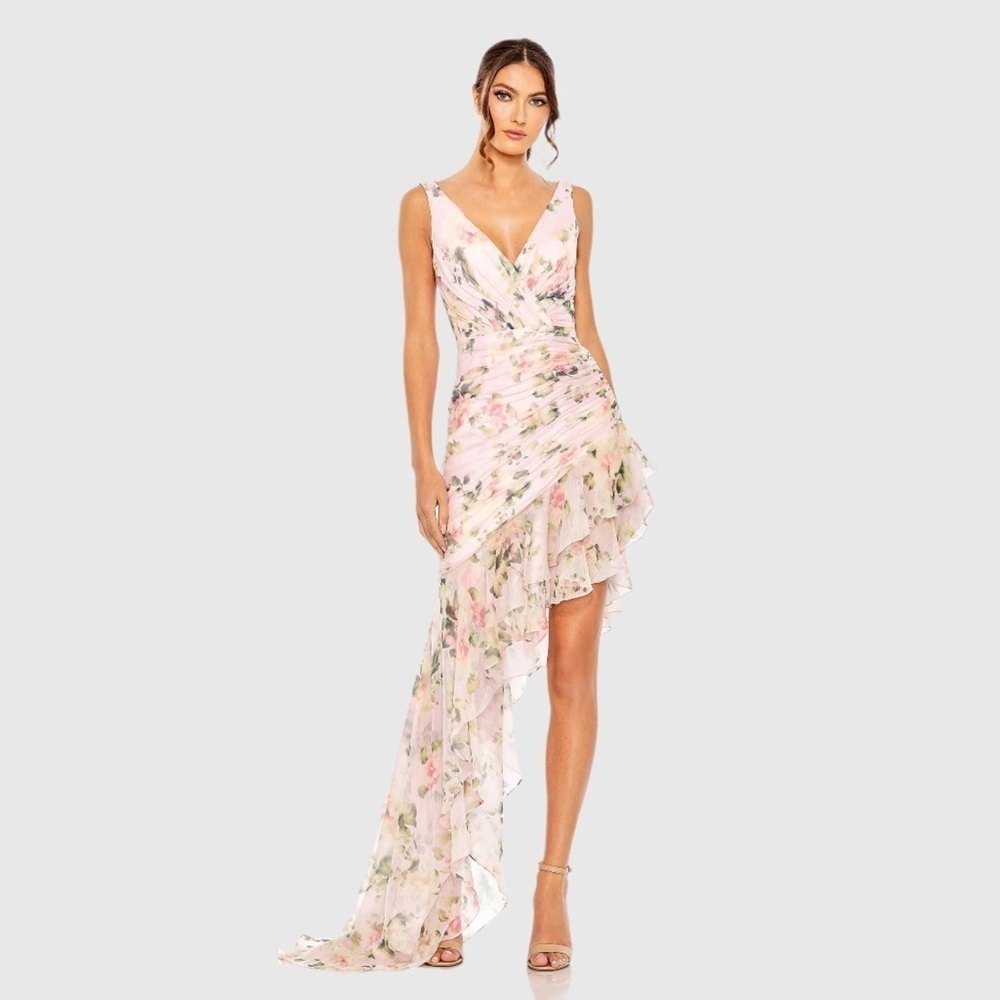 IEENA FOR MAC DUGGAL
Light Pink Floral Print Asymmetrical Ruffle Hem Dress